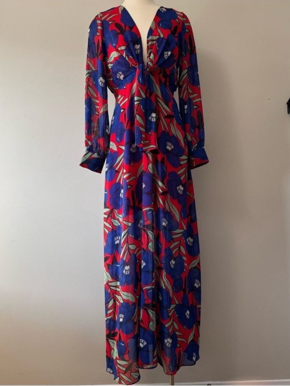 Aakaa Blue and Red Maxi Dress with Bishop Sleeves SZ Medium